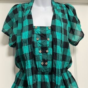 French Connection Teal and Black Checked Puff Sleeve Blouse 100% Cotton